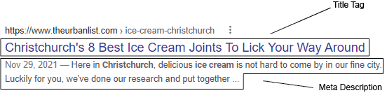 SERP showing title tag & meta description for best ice cream christchurch